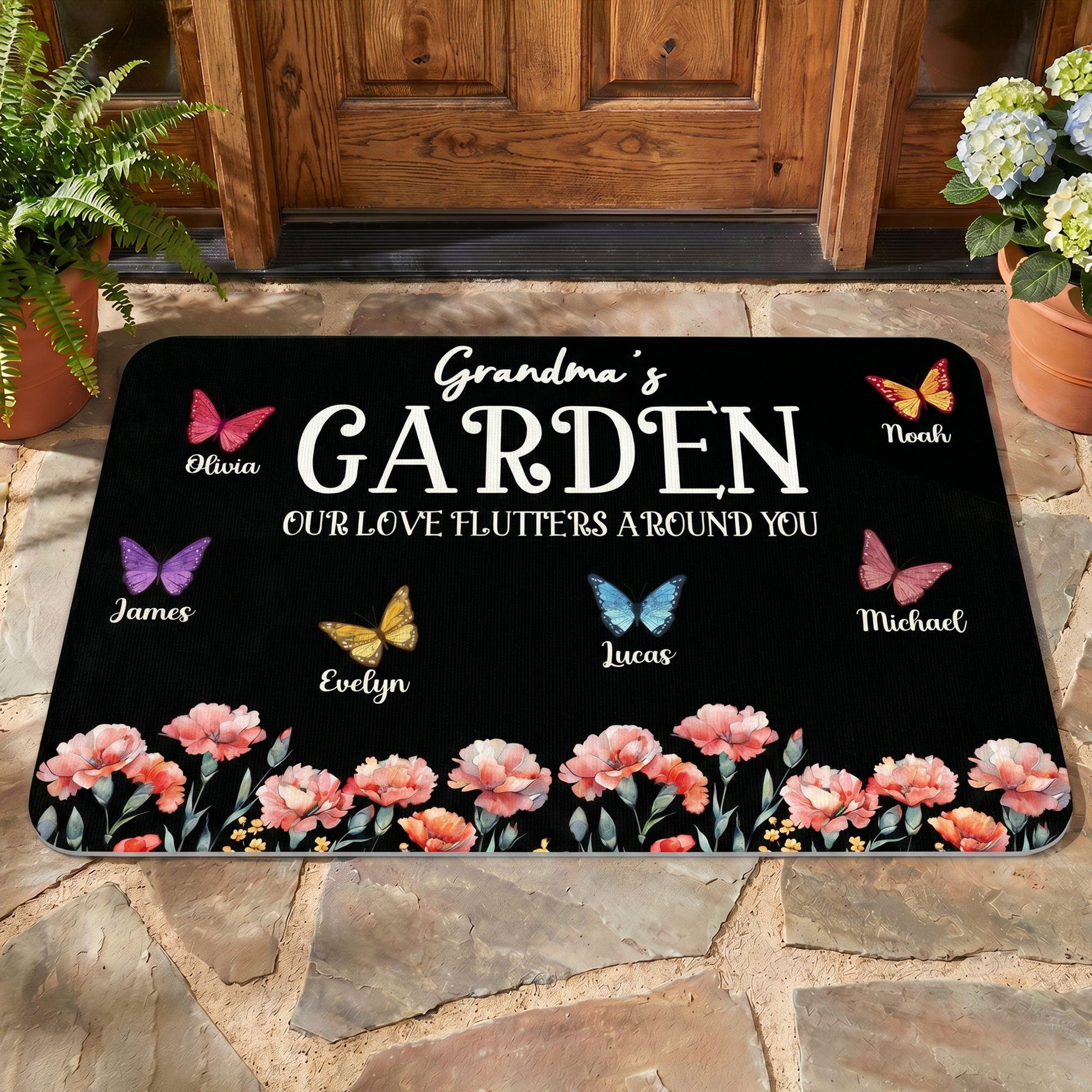 Personalisierte Gartenteppich „1–6 Schmetterlinge“ mit Geburtsblume und Namen – Gartendekoration, Geschenk zum Großelterntag oder zum Geburtstag für die Familie, Oma und Opa