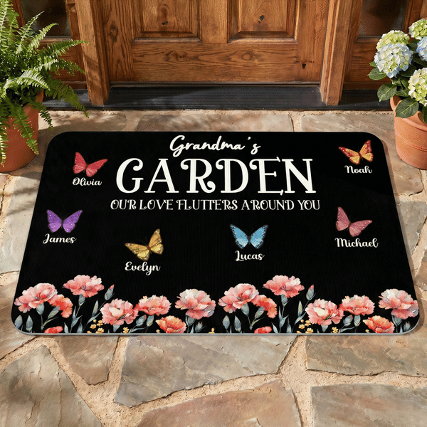 Personalized Garden 1-6 Butterflies Birth Flower Doormat with Name Garden Decor Grandparent's Day Birthday Gift for Family Grandma Grandpa
