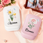 Personalised Birth Flower PU Leather Jewellery Box with Name and LED Light Makeup Mirror Daily Use Travel Birthday Anniversary Gift for Women