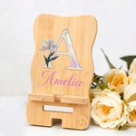 Personalised Pearl Effect Birth Flower Initial Rectangle Wavy Wooden Phone Holder with Name Desk Decor Birthday Gift for Women