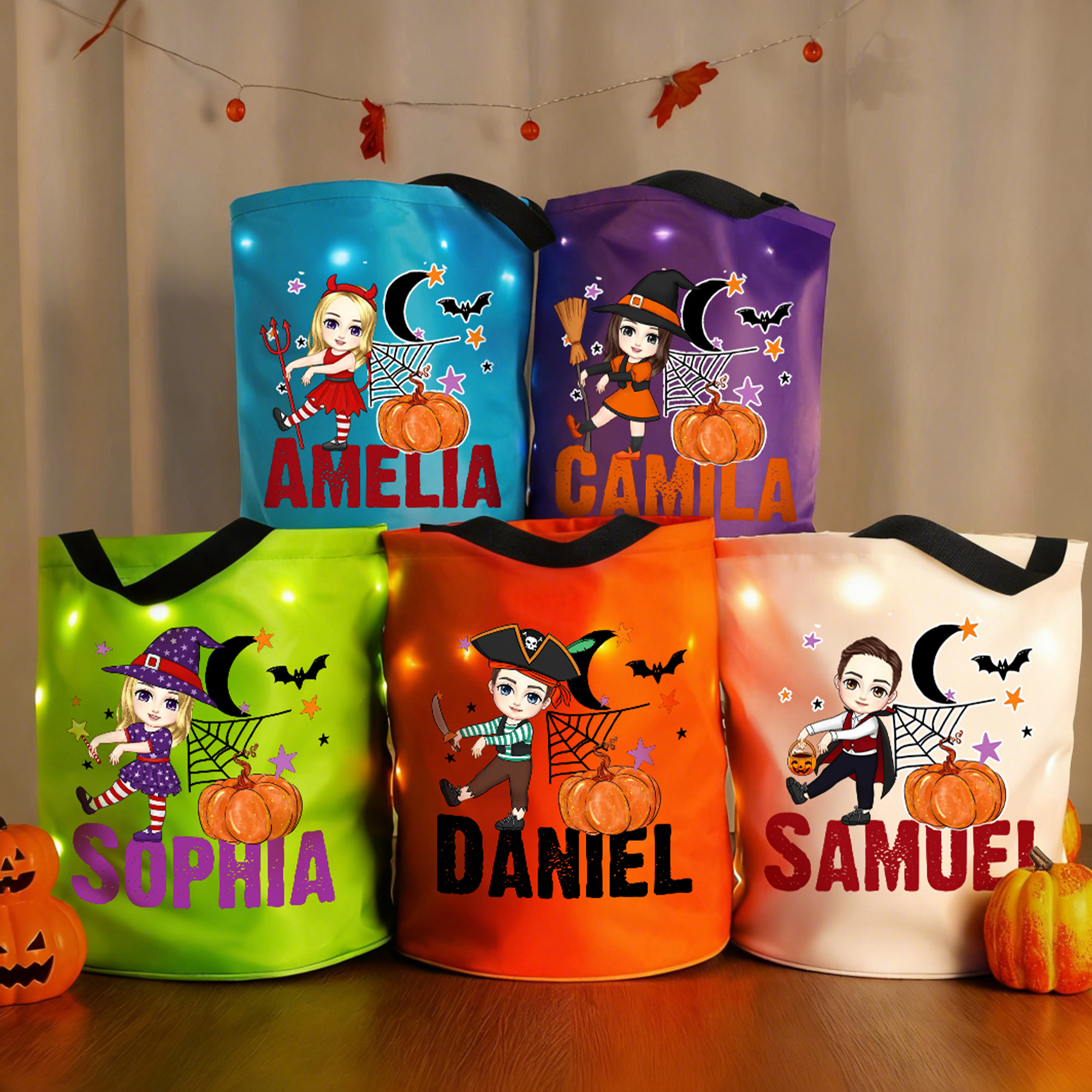 Personalisierte LED-Kürbis-Beuteltasche mit Cartoon-Figur und Namen – „Süßes oder Saures“-Geschenk für die Halloween-Party für Kinder, Jungen und Mädchen