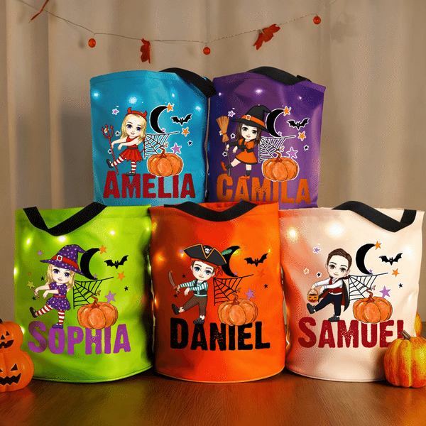 Spersonalizowana torba w kształcie dyni z motywem postaci z kreskówek i oświetleniem LED z imieniem – prezent na imprezę halloweenową „Cukierek albo psikus” dla dzieci – chłopców i dziewczynek
