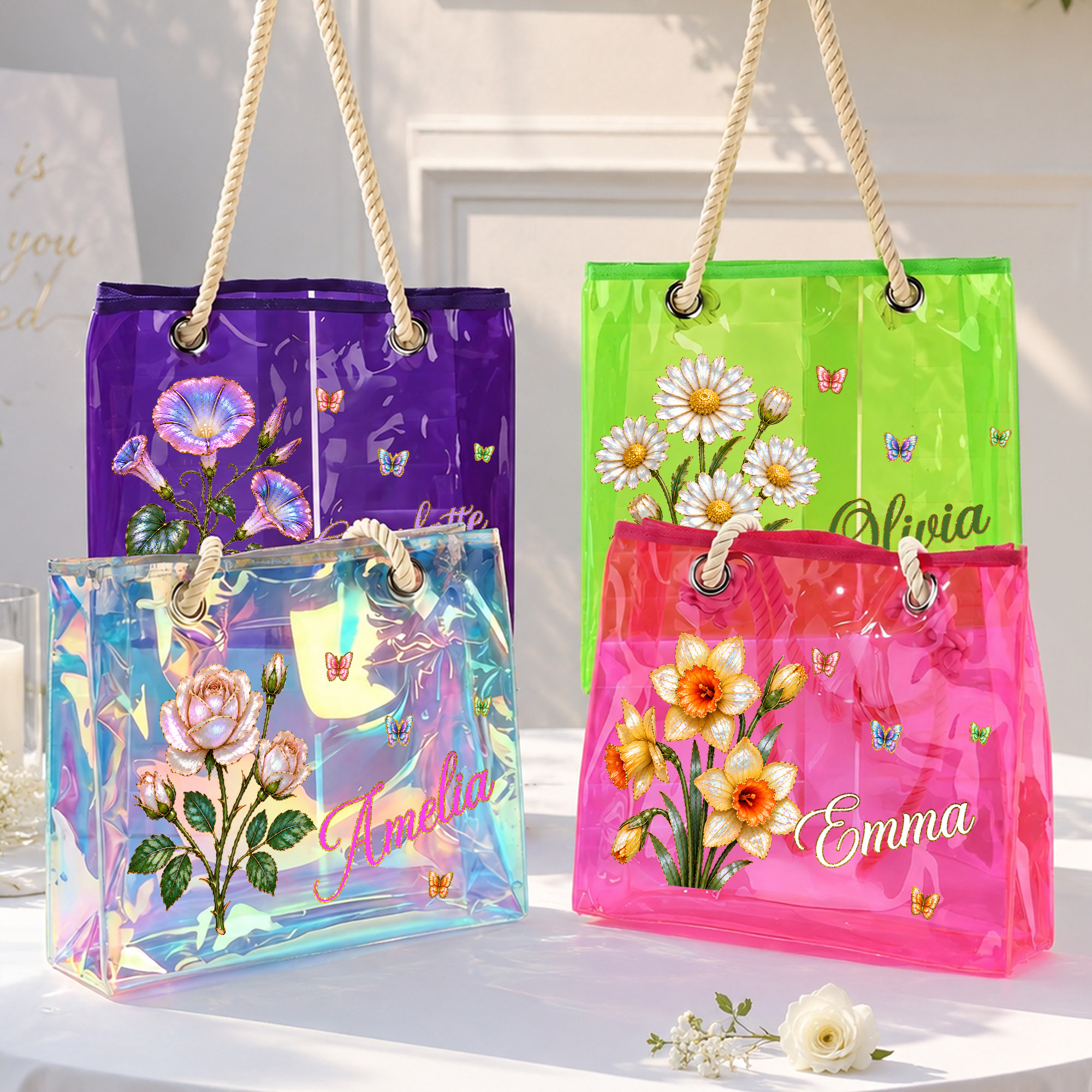 Personalisierte, holografische, transparente Tragetasche mit Geburtsblume und Schmetterling sowie Namenszug – Reisezubehör, Junggesellinnenabschied, Hochzeitsgeschenk für Bräute und Frauen