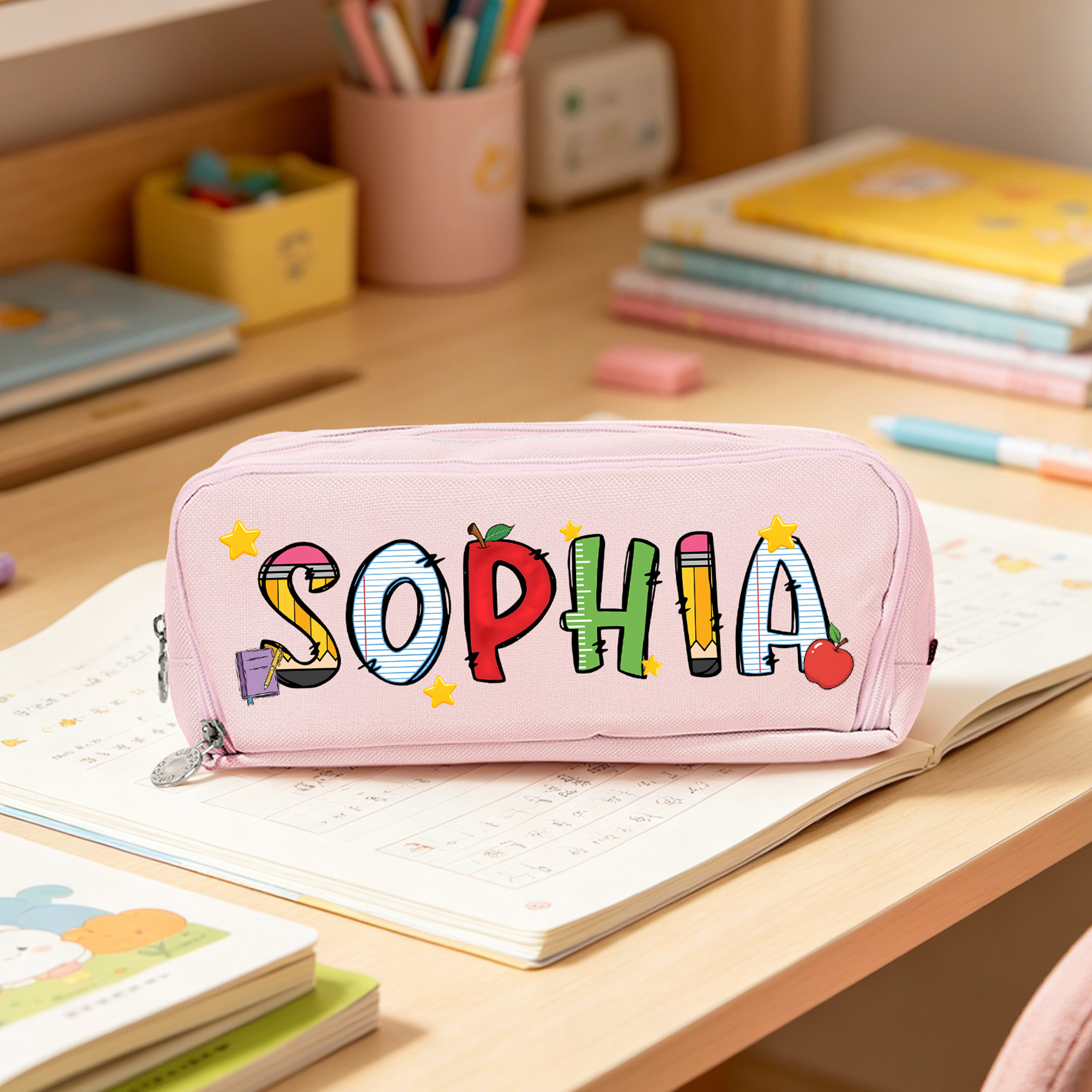 Personalisiertes Notizbuch mit Bleistift, Apfel-Lineal, Elementnamen, dreilagiges Federmäppchen, Schulbedarf, Geschenk zum Schulanfang und zum Geburtstag für Schüler und Kinder