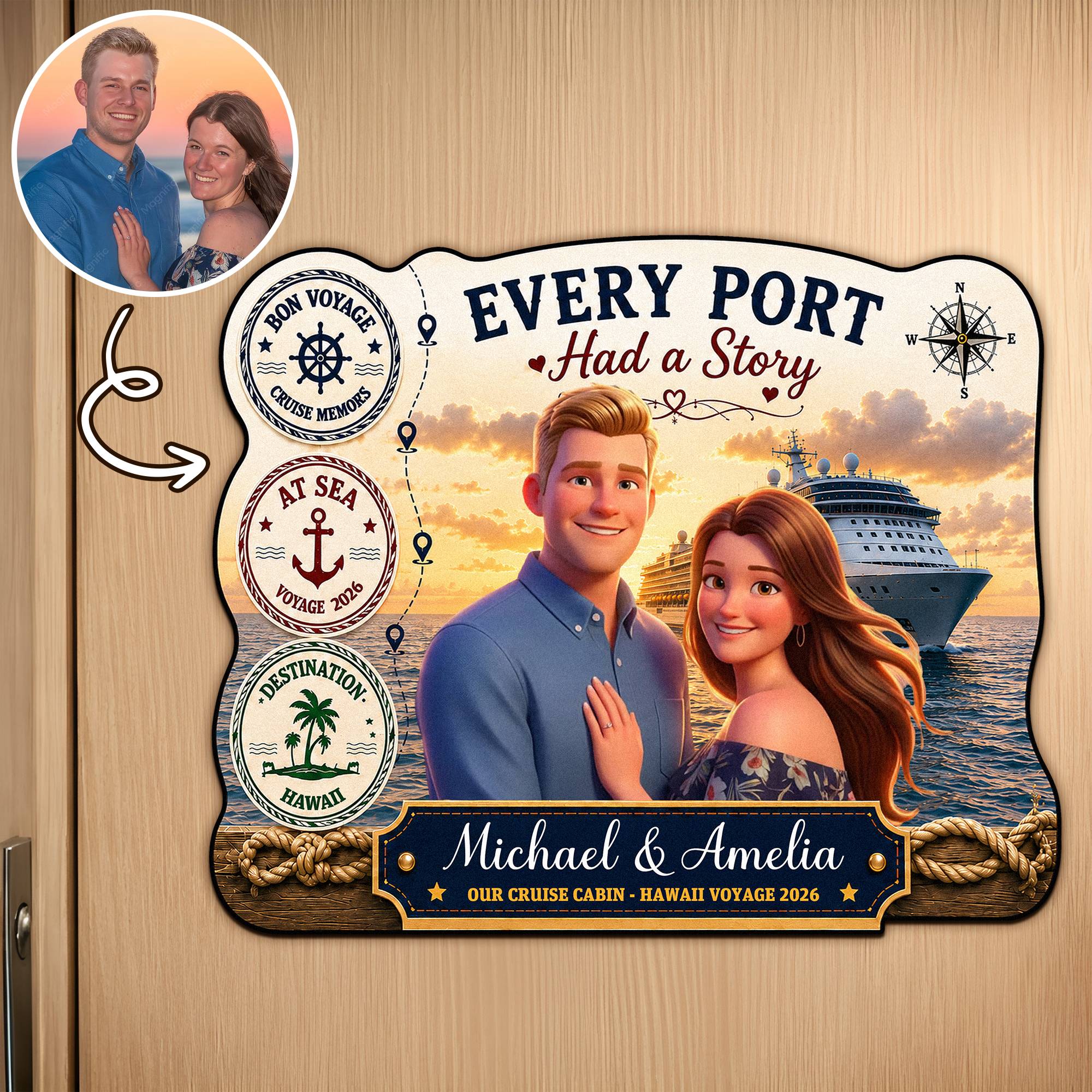 Personalisierter Türmagnet im 3D-Animationsstil mit Foto, Text und Jahreszahl – Wohnaccessoire, Familienzusammenkunft, Kreuzfahrt, Reise, Geburtstagsgeschenk für Paare und Familien