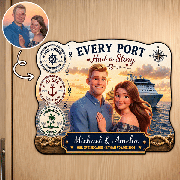 Personalized Cruise 3D Animation Style Photo Door Magnet with Text and Year Home Decor Family Reunion Cruise Travel Birthday Gift for Couple Family