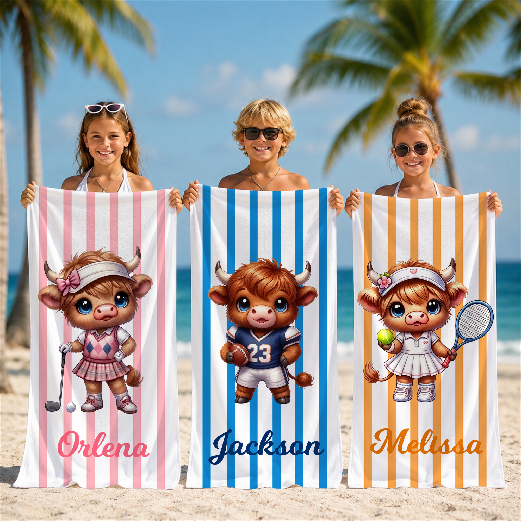 Personalisiertes, schnell trocknendes, übergroßes Strandtuch mit Highland-Cow-Motiv und Namen – ideal für Strandpartys, den täglichen Gebrauch und als Weihnachtsgeschenk für Highland-Cow-Fans und Spor