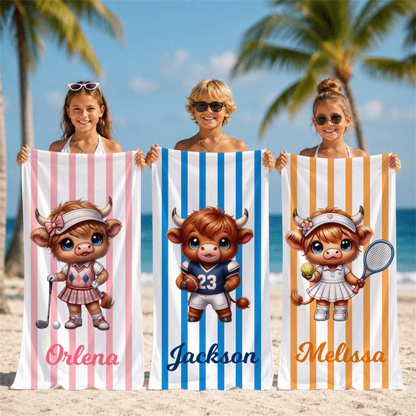 Personalised Sports Highland Cow Quick-Dry Oversized Beach Towel with Name Beach Party Daily Use Holiday Gift for Highland Cow Lovers Sports Lovers