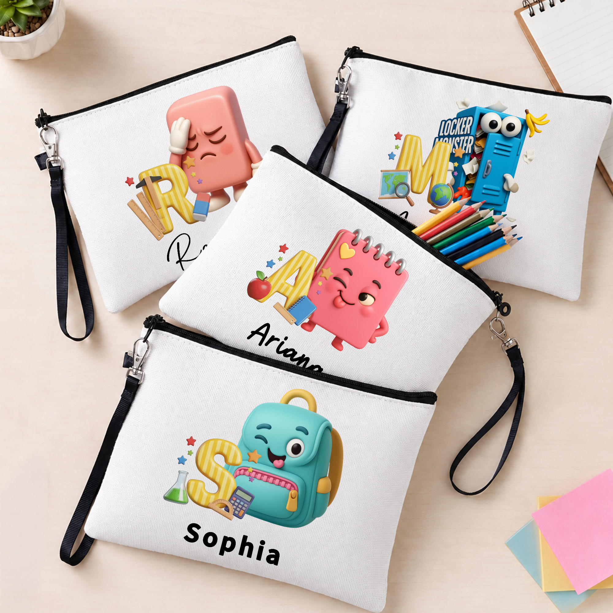 Individuell gestaltete Kosmetiktasche aus Leinen im Lehrer-Design mit Bleistift-Motiv, Namensinitialen und Handschlaufe – Geschenk zum Lehrertag und zum Schulanfang für Lehrer