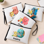 Personalized Pencil Teacher Theme Linen Makeup Bag with Name Initial and Wrist Strap Teacher's Day Back to School Gift for Teacher
