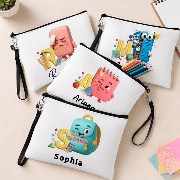 Personalized Pencil Teacher Theme Linen Makeup Bag with Name Initial and Wrist Strap Teacher's Day Back to School Gift for Teacher