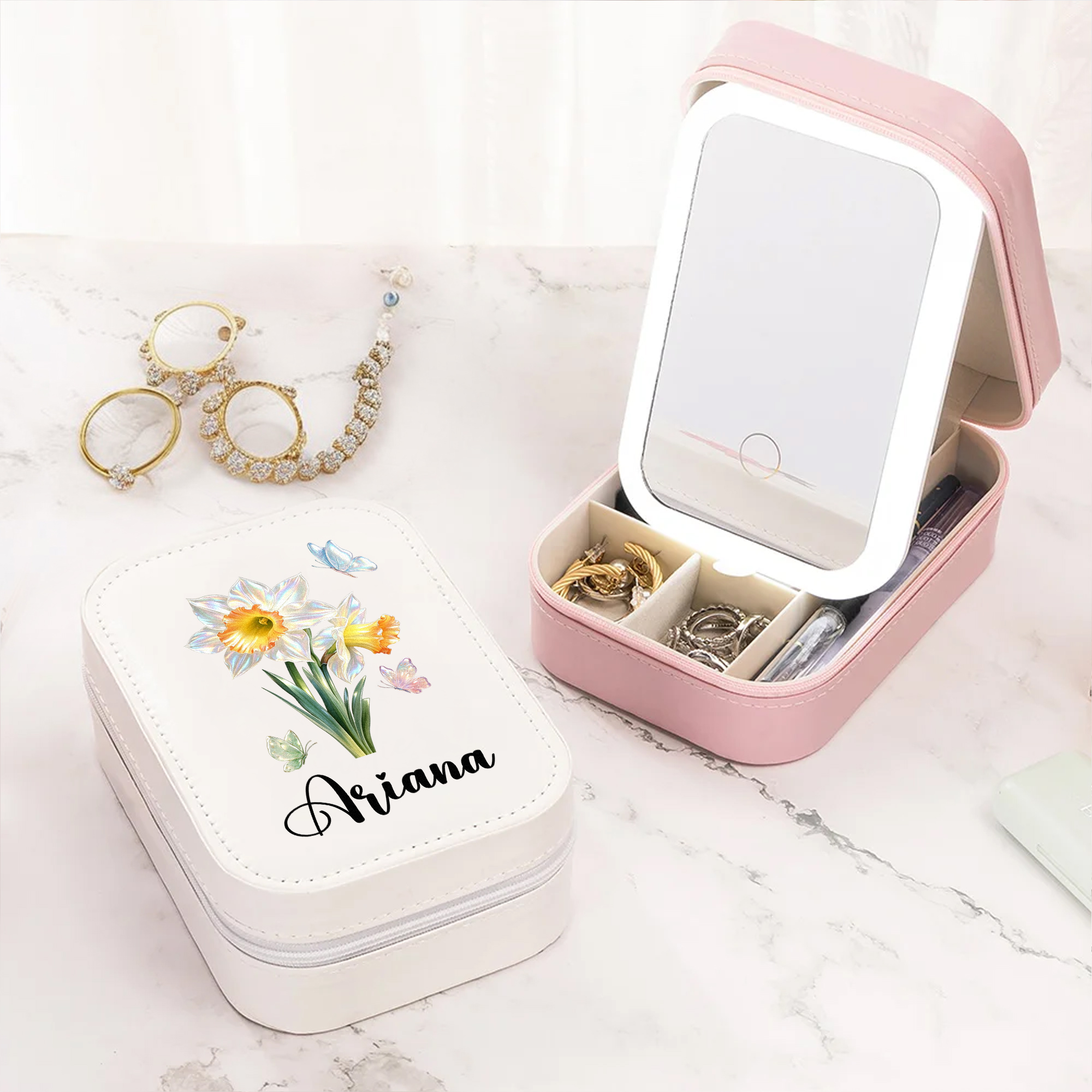 Individuell gestaltete Schmuckschachtel aus PU-Leder mit Geburtsblume, Namen und LED-beleuchtetem Kosmetikspiegel – für den täglichen Gebrauch, als Reise-Accessoire sowie als Geschenk zum Geburtstag o