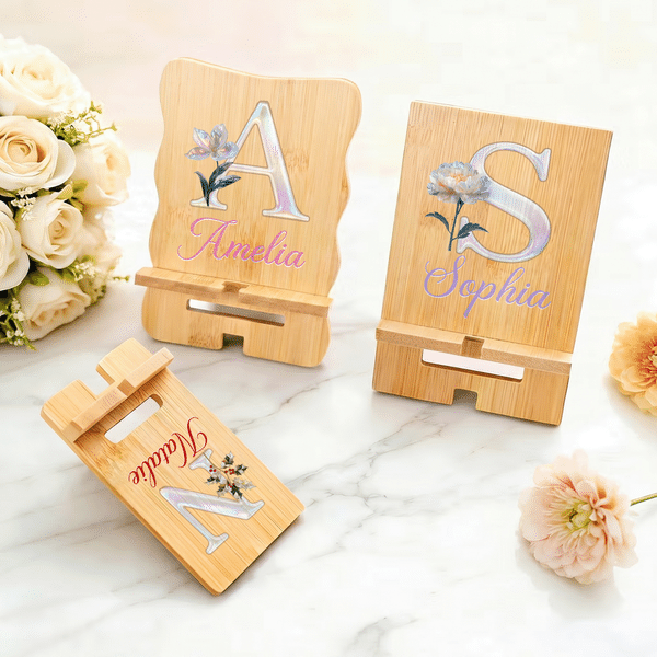Personalized Pearl Effect Birth Flower Initial Rectangle Wavy Wooden Phone Holder with Name Desk Decor Birthday Gift for Women