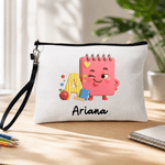 Personalized Pencil Teacher Theme Linen Makeup Bag with Name Initial and Wrist Strap Teacher's Day Back to School Gift for Teacher