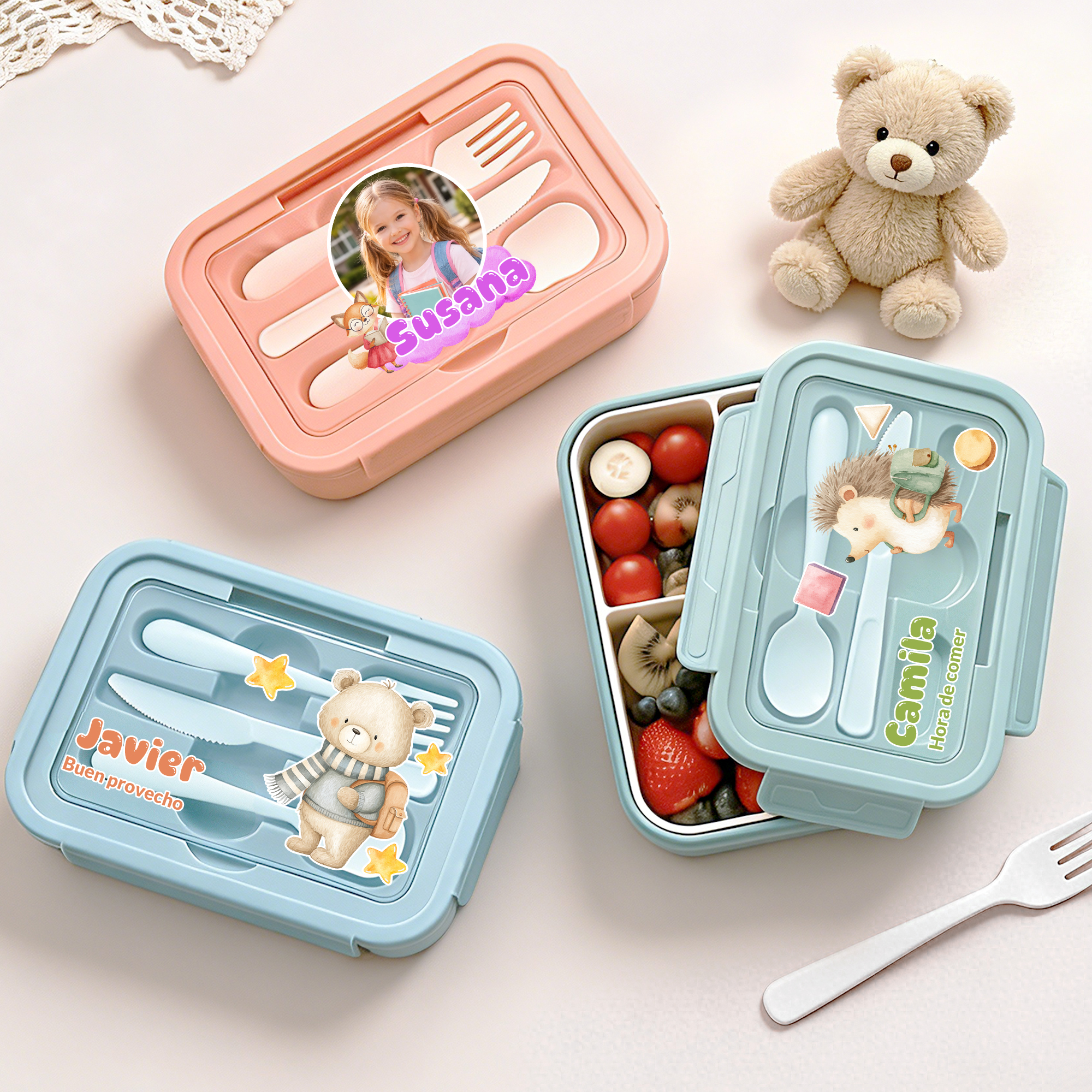 Fiambrera personalizada apta para microondas con cubiertos con foto animal y nombre regalo de vuelta al cole para hijos niños estudiantes