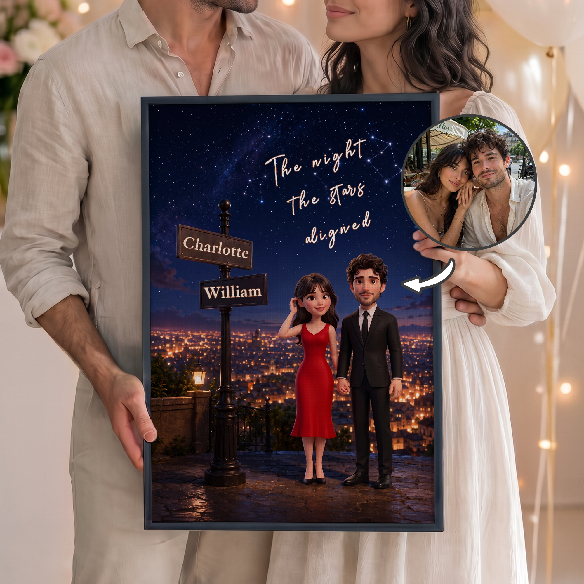 Personalisiertes Foto-Leinwandposter, flammenloses Gemälde, gerahmtes Gemälde mit Namen – Geschenk zum Jahrestag oder zum Valentinstag für Paare