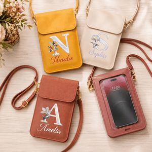 Borsa a tracolla regolabile in pelle PU con motivo personalizzato a perle e fiore del mese di nascita, con nome e finestra per touch screen – Regalo di compleanno per donna