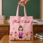 Personalised Cartoon Teacher Character Birth Flower Canvas Tote Bag with Title and Surname Back to School Teacher's Day Appreciation Gift for Teacher