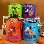 Spersonalizowana torba w kształcie dyni z motywem postaci z kreskówek i oświetleniem LED z imieniem – prezent na imprezę halloweenową „Cukierek albo psikus” dla dzieci – chłopców i dziewczynek