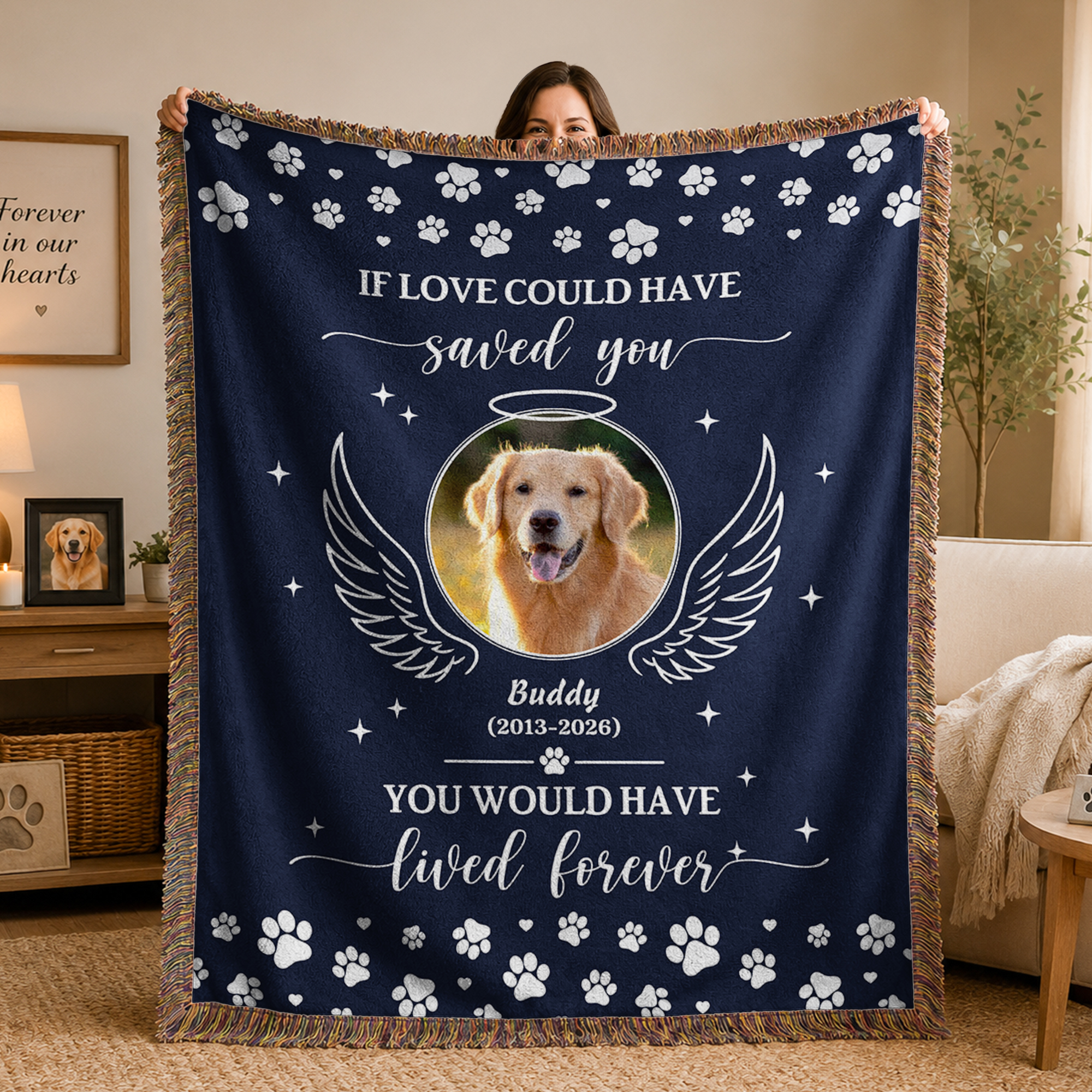 Individuell gestaltete Kuscheldecke mit Foto des Haustiers, Engelsheiligenschein, Flügeln und weichen Quasten – mit Namen und Jahr – Wohnaccessoire und Gedenkgeschenk für den Verlust eines Haustiers f