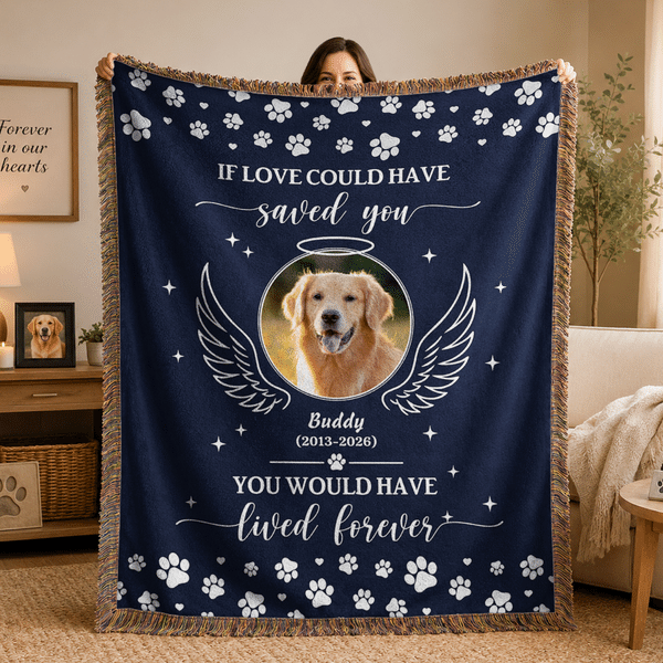 Personalized Pet Photo Angel Halo Wings Soft Tassel Throw Blanket with Name and Year Home Decor Pet Loss Memorial Gift for Pet Owner