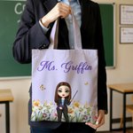 Personalised Cartoon Teacher Character Birth Flower Canvas Tote Bag with Title and Surname Back to School Teacher's Day Appreciation Gift for Teacher