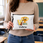 Personalized Pencil Teacher Theme Linen Makeup Bag with Name Initial and Wrist Strap Teacher's Day Back to School Gift for Teacher