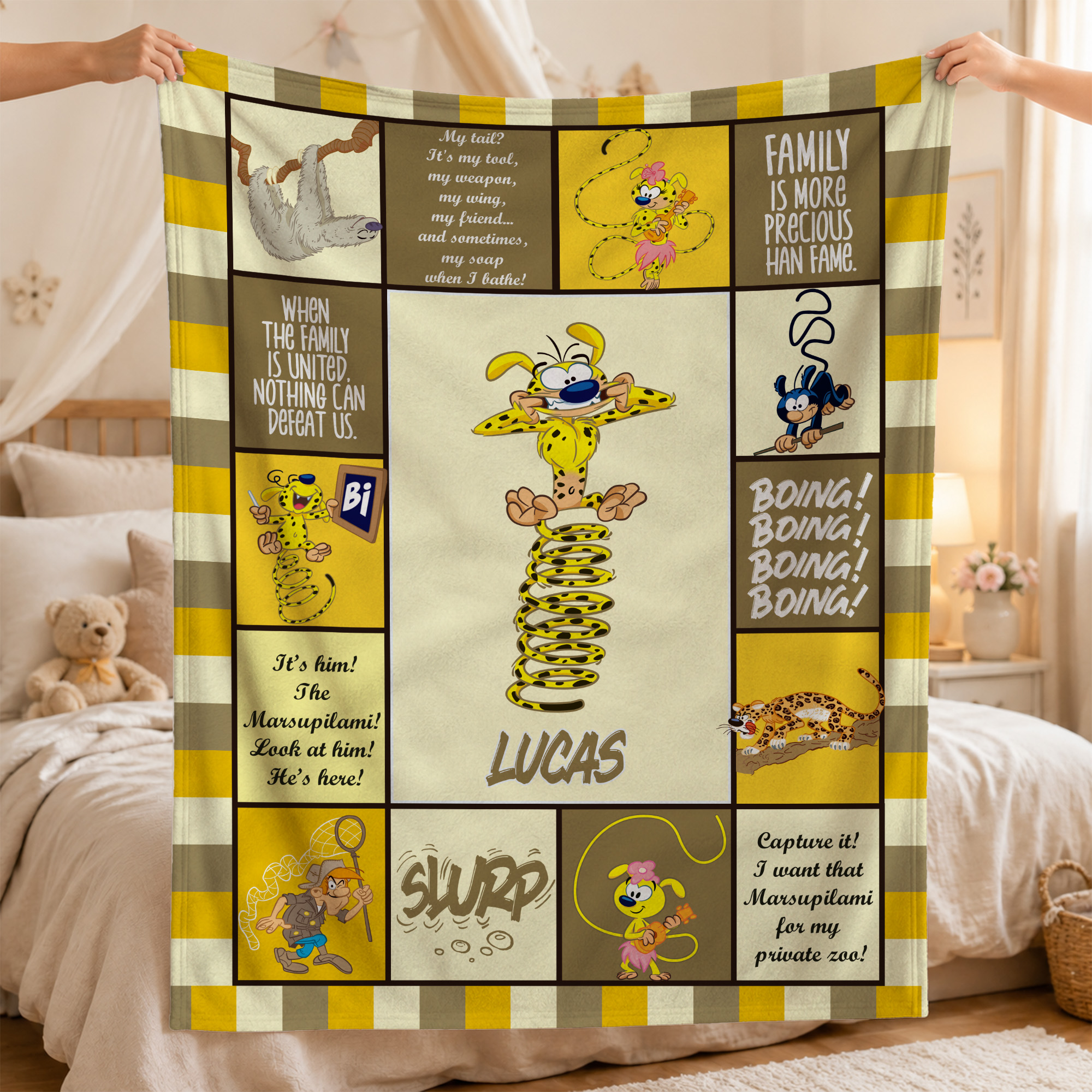 Personalisierte, niedliche Marsupilami-Kuscheldecke mit langem Schwanz und Namen – Wohnaccessoire und Geburtstagsgeschenk für Kinder | Callie × Marsupilami®