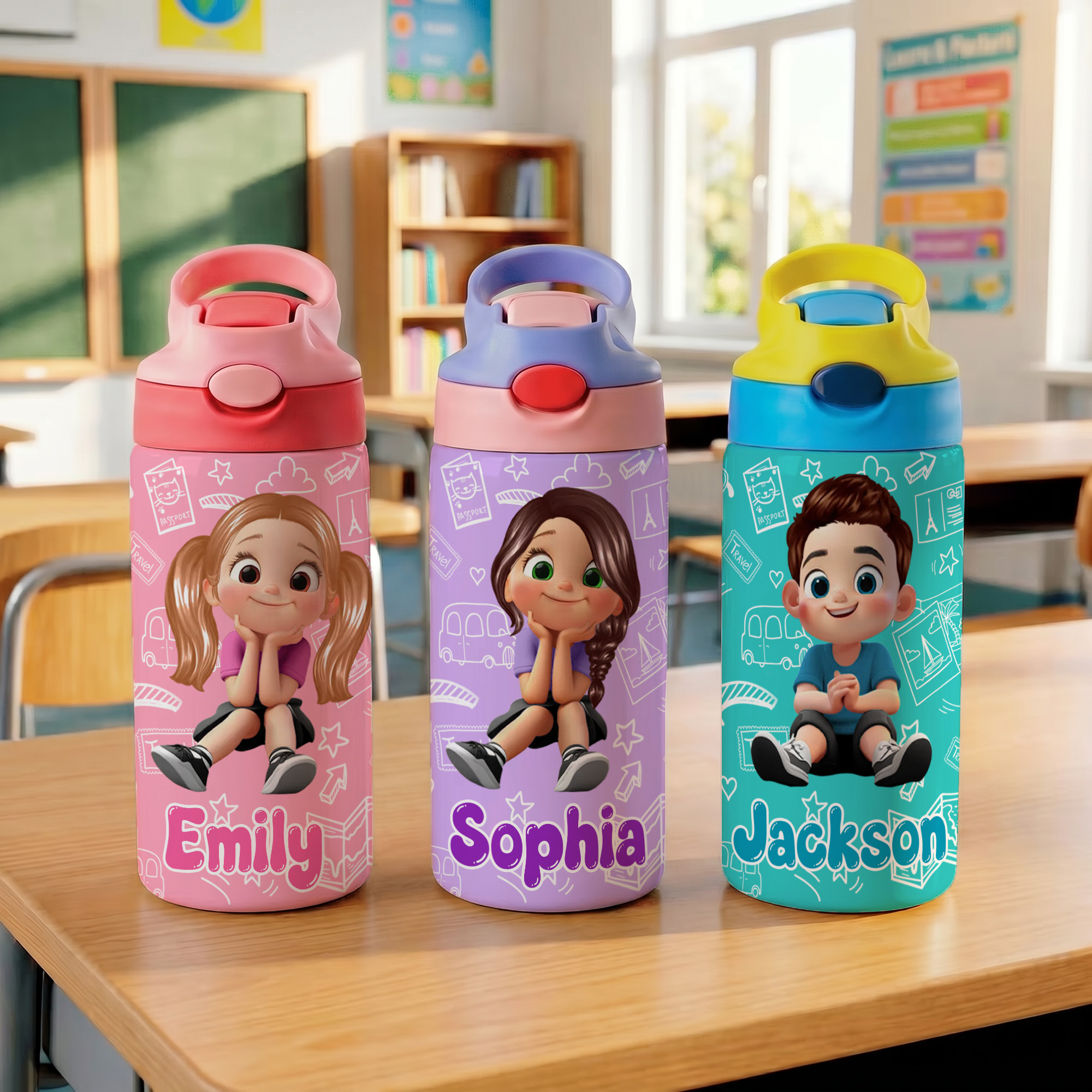 Personalized Multicolor Cartoon Character Kid Water Bottle with Name and Silicone Straw, Birthday/Back to School Gift for Boys/Girls/ Kids