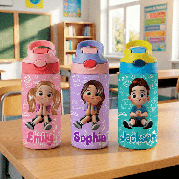 Personalized Multicolour Cartoon Character Kid Water Bottle with Name and Silicone Straw Birthday Back to School Gift for Boys Girls Kids