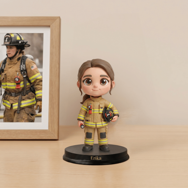 Personalised Creative Photo to 3D Cartoon Firefighter Statue Ornament with Text Office Desk Decoration Birthday Gift for Firefighters Collectors