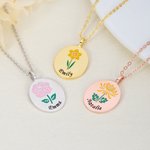 Personalized Birth Flower Circular Necklace with Engraving Name and Text Elegant Jewelry Valentine's Day Anniversary Gift for Her