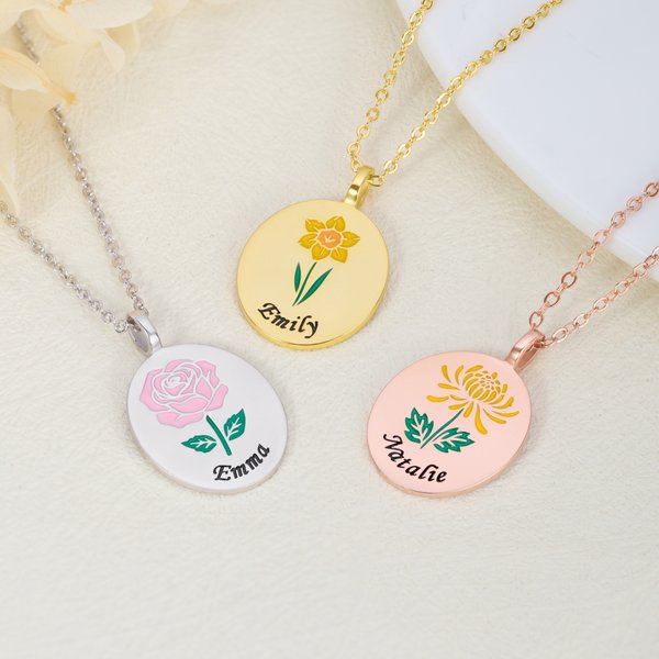 Personalized Birth Flower Circular Necklace with Engraving Name and Text Elegant Jewelry Valentine's Day Anniversary Gift for Her