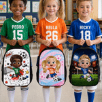 Personalized Soccer Theme 3D Cartoon Character Backpack Lunch Bag Pencil Case with Name Back to School Set of 3 Birthday Gift for Boys Girls