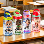Personalized Multicolor Cartoon Character Kid Water Bottle with Name and Silicone Straw Birthday Back to School Gift for Boys Girls Kids