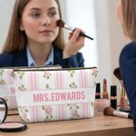 Personalized Retro Millennium Floral Makeup Bag with Text Daily Use Back to School Teacher's Day Gift for Teacher