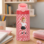 Personalised Cartoon Character Multicolour Checkerboard 12 oz Insulated Kid Water Bottle with Name Birthday Back to School Gift for Boys Girls
