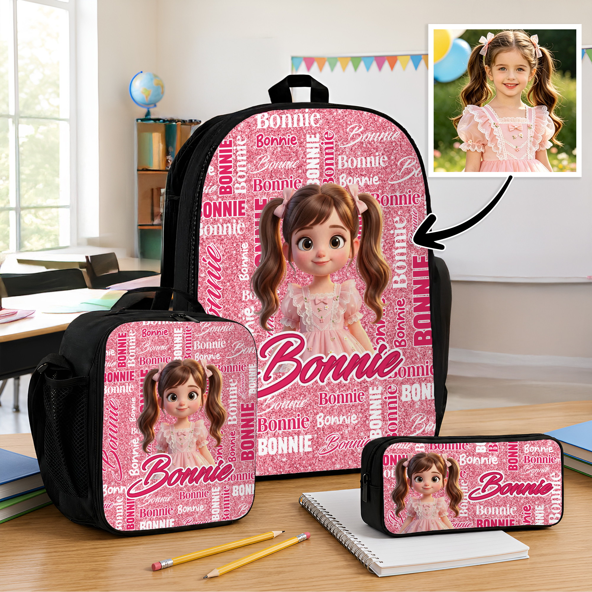 Personalisiertes 3er-Set aus Rucksack, Lunch-Tasche und Federmäppchen im Cartoon-Stil (Q-Version) mit Namen – Schulanfangs- und Geburtstagsgeschenk für Kinder und Schüler