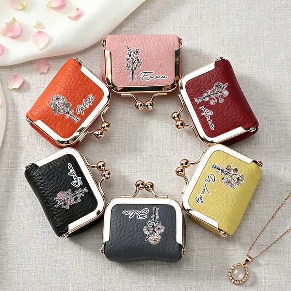 Personalized Birth Flower Portable Genuine Leather Mini Jewellery Case with Kiss Lock and Name Birthday Gift for Family Besties