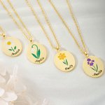 Personalized Birth Flower Circular Necklace with Engraving Name and Text Elegant Jewelry Valentine's Day Anniversary Gift for Her