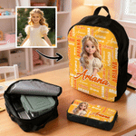 Personalised Q-Version Cartoon Photo Backpack Lunch Bag Pencil Case Set of 3 with Name Back to School Birthday Gift for Kids Students