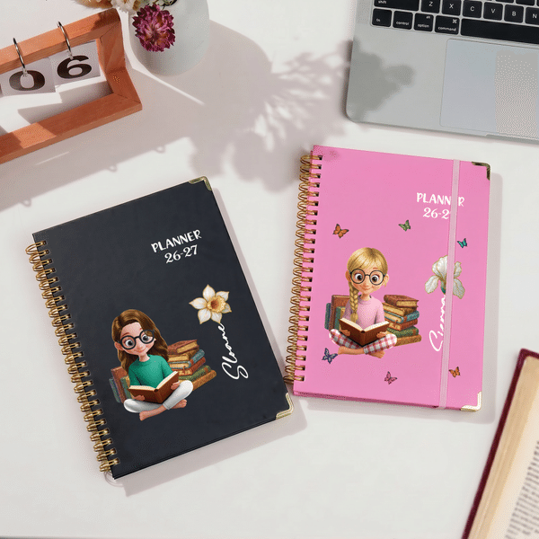 Personalised Birth Flower Cartoon Character 2026 Planner A5 Notebook with Name and Weekly Monthly Planner Pages Daily Use Birthday Gift for Friend