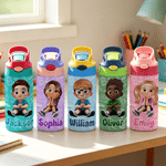 Personalized Multicolor Cartoon Character Kid Water Bottle with Name and Silicone Straw Birthday Back to School Gift for Boys Girls Kids