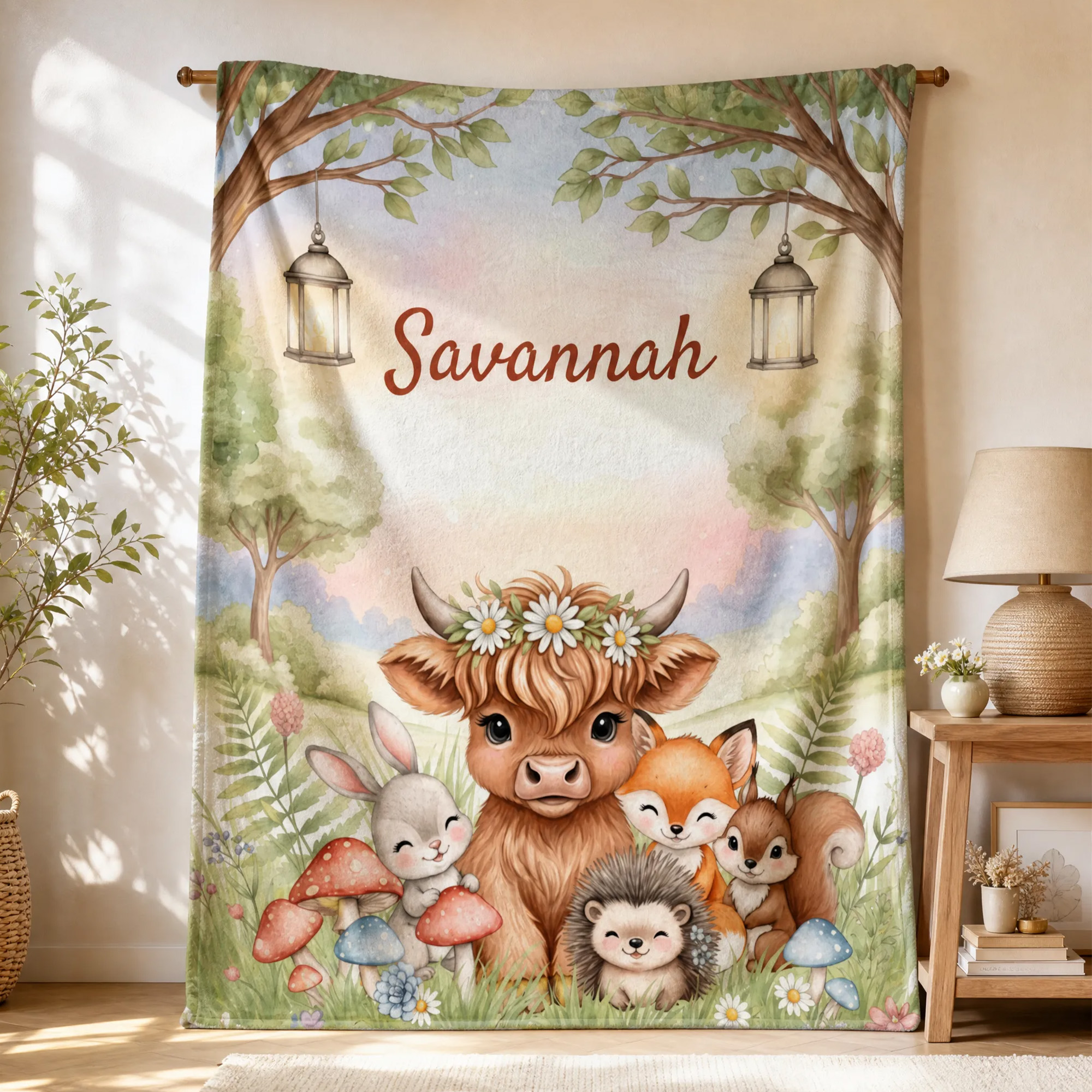 Personalisierte Kuscheldecke „Forest Friends“ mit Hochlandkuh, Kaninchen und Füchsen sowie Namenszug – Deko für das Kinderzimmer, Babyparty-Geschenk für Neugeborene