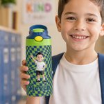Personalised Cartoon Character Multicolour Checkerboard 12 oz Insulated Kid Water Bottle with Name Birthday Back to School Gift for Boys Girls