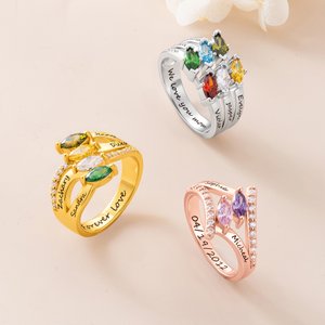 Personalized 1-6 Marquise Family Birthstones Sterling Silver Ring with Engraved Name and Text Birthday Anniversary Gift for Women