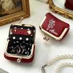 Personalized Birth Flower Portable Genuine Leather Mini Jewellery Case with Kiss Lock and Name Birthday Gift for Family Besties