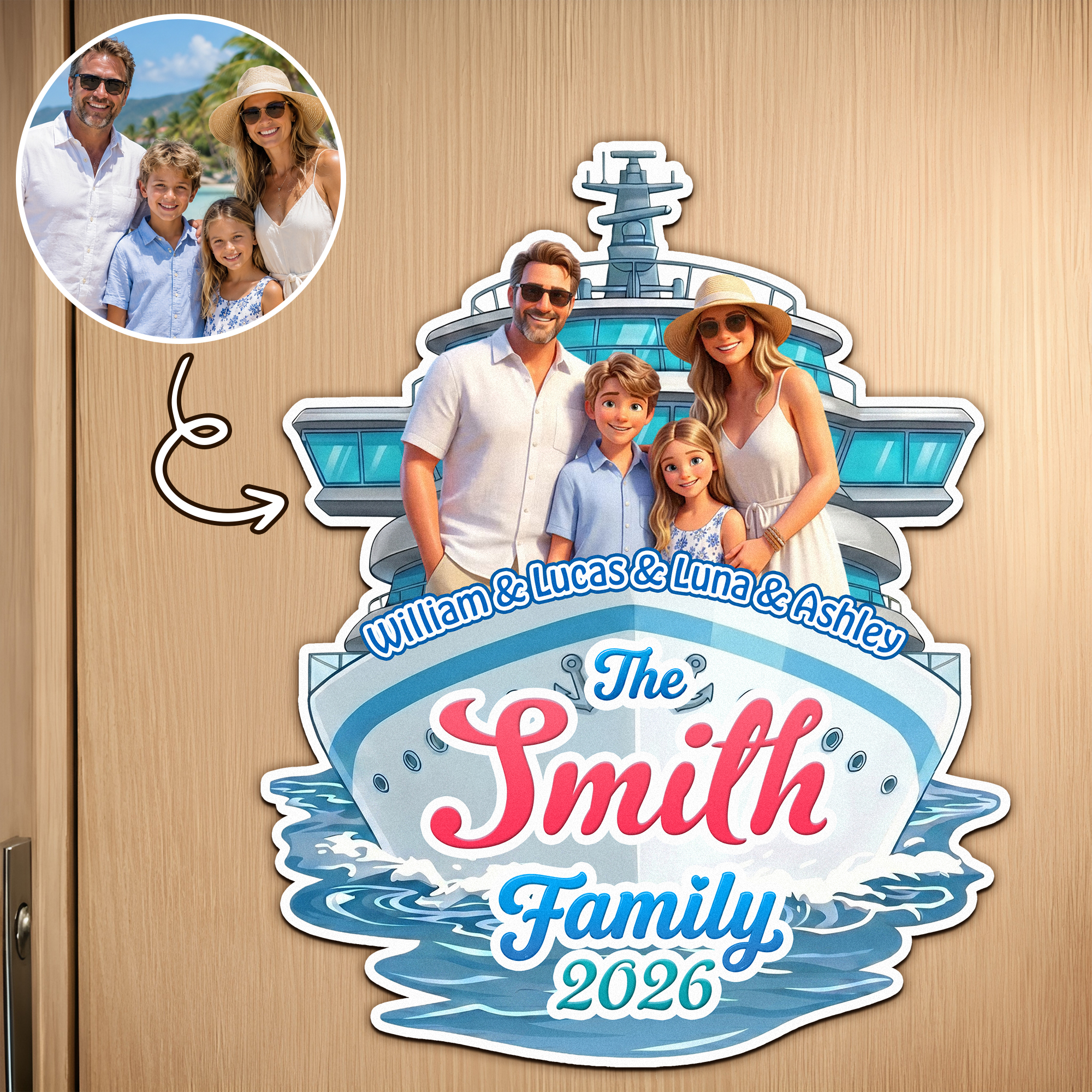 Personalisierter Kühlschrankmagnet mit Foto im Cartoon-Stil: Kreuzfahrtschiff mit Namen – Wohnaccessoire, Sommerreise, Geburtstagsgeschenk für Familien und Reiseliebhaber