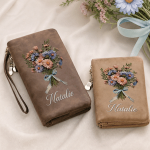 Personalized Oil Painting Style Birth Flower Bouquet Tri-Fold PU Leather Wallet with Name and Wrist Strap Birthday Anniversary Gift for Women
