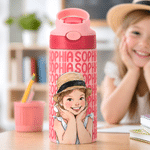Personalised Watercolour Style Photo 12 oz Insulated Water Bottle with Name and Straw Daily Use Back to School Birthday Gift for Kids Boys Girls